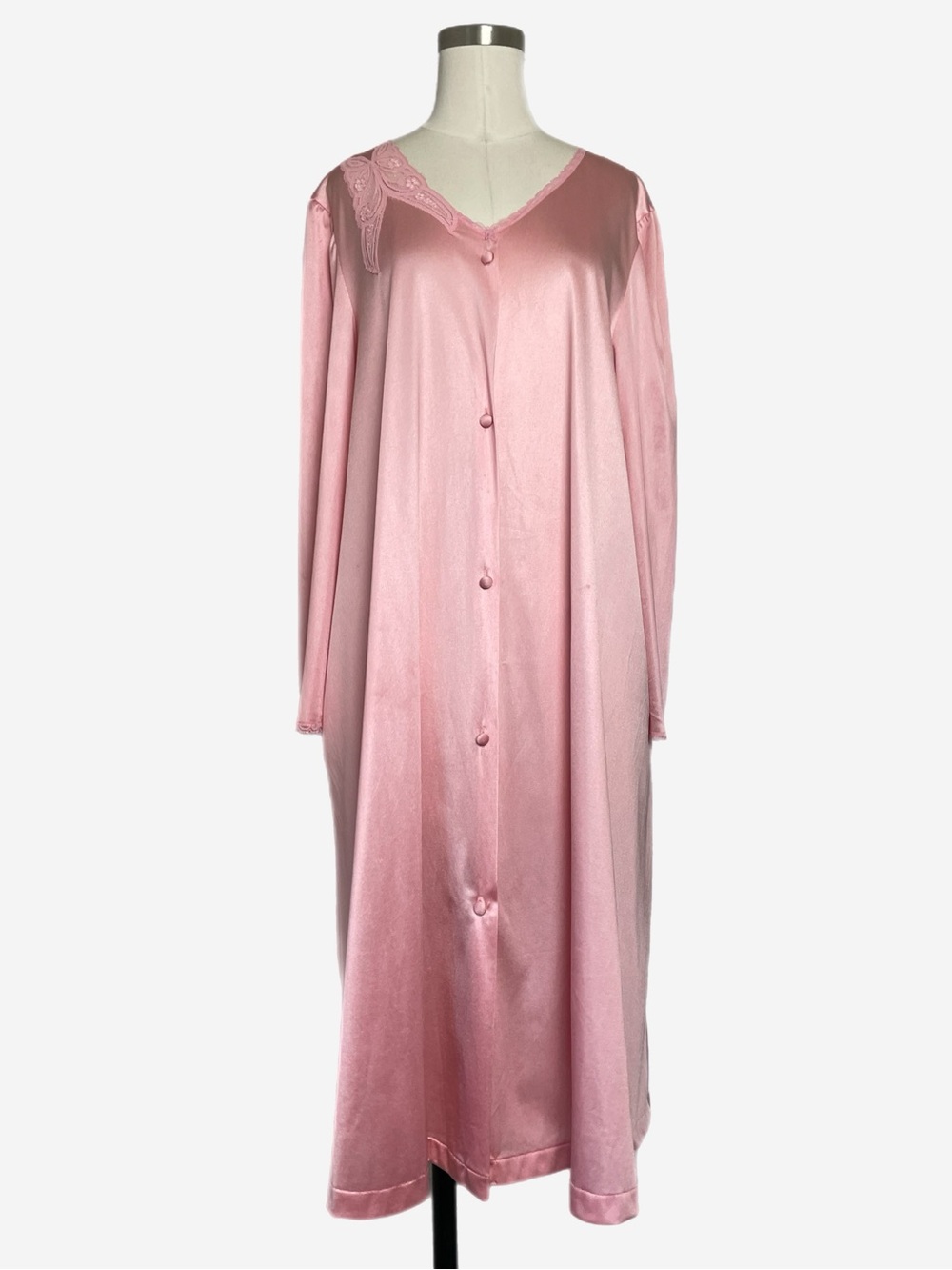 Vintage 70/80s Vanity Fair Pink nylon lace butterfly button robe cottagecore S/M